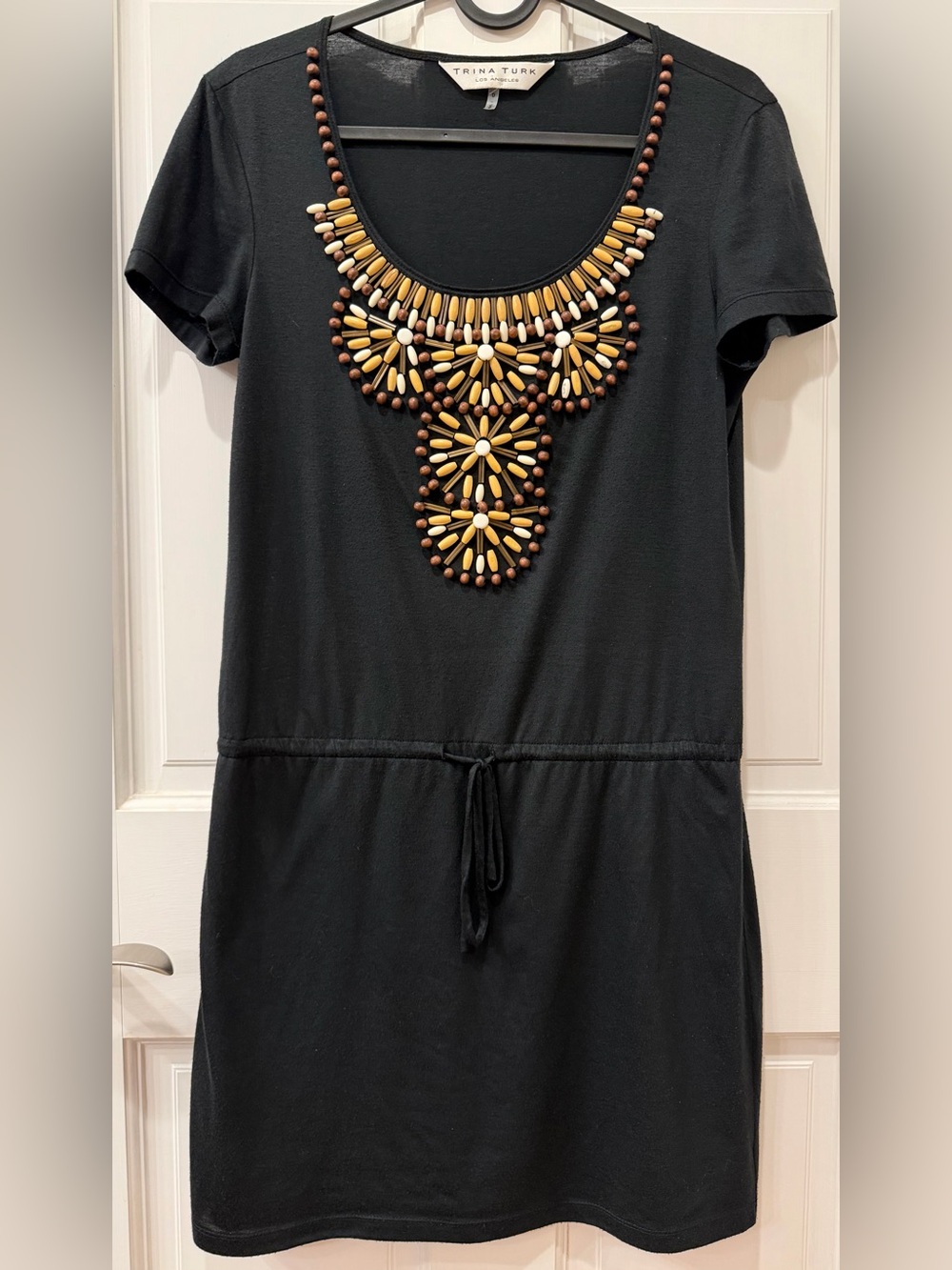 Trina Turk Black Short Sleeve Dress with Beaded Necklace Detail